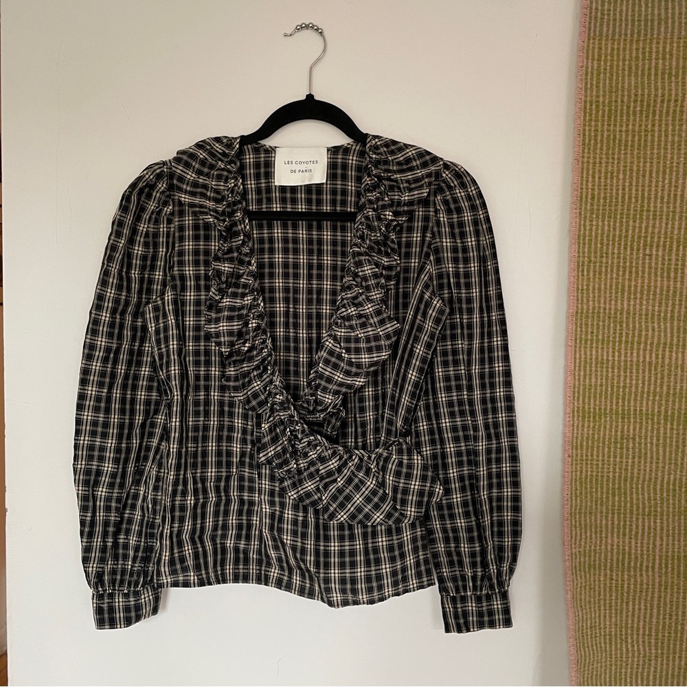LES COYOTES DE PARIS - Sill-like Plaid Ruffle Wrap Blouse